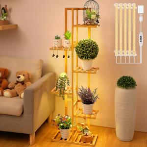 Dreyoo 6 Tiered Corner Plant Stand with Grow Lights, for Indoor and Outdoor Use, 48" Tall, Wood Color