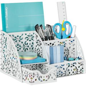 EasyPAG Pen Holder Desk Organizer with Drawer Pencil Cup for Desk 6 Compartments Metal Office Caddy Storage with Sticky Notes Holder for School Home Office, White