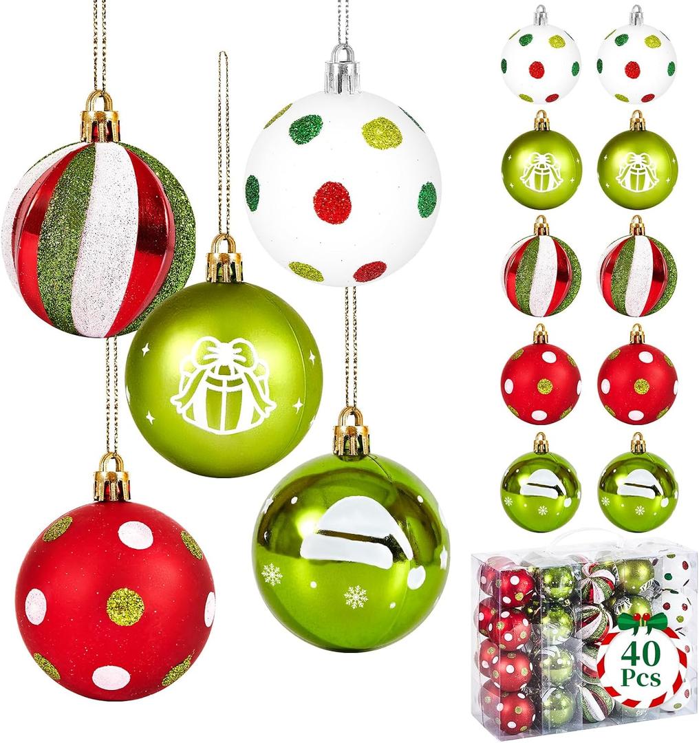 40 Pcs Christmas Balls Ornaments, 2.4 Inch Glittering Red Green White Ball Ornaments for Xmas Decorations, Plastic Striped Dot Hanging Baubles, Christmas Tree Pendants for Party Holiday Home