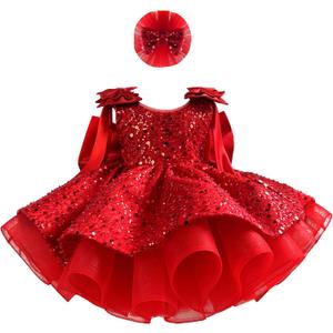 Fairy Tale Tutu Dress for Girls – Sparkly Party Dress with Sequin Bow Headband for Birthdays and Celebrations (Red)