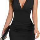 oten Sexy Cocktail Dress for Women Sleeveless V Neck Ruched High Waist Bodycon Night Out Club Party Formal Mini Dresses to Hide Belly Fat Black Large