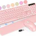 Wireless Keyboard and Mouse Backlit - Typewriter Keyboard with Retro Round Keycaps, Detachable Wrist Rest, Light Up Letters, 2.4G Rechargeable Combo for Mac, Windows, PC, Laptop, Trueque (Pink)