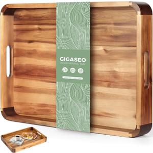 22 x 15.7 Inch Large Acacia Wood Serving Tray with Handles, Extra Spacious Decorative Wooden Tray with Dark Walnut-Tone Curved Corner Accents for Coffee Table, Ottoman & Kitchen Counter
