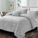 Menghomeus Grey and Silver Comforter Set Queen/Full Metallic Print Geometric Bed Comforter 4 Pieces Soft Microfiber Bedding for Teen Kids Boys (2 Pillow Shams + 1 Decorative Pillow Sham)