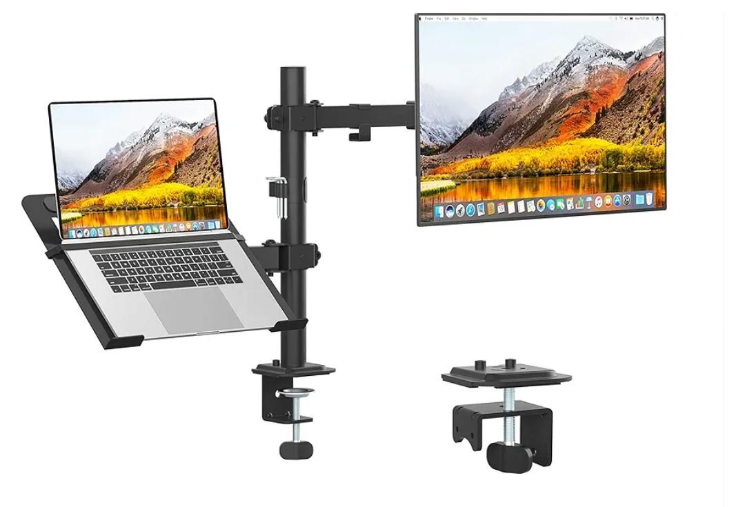Monitor and Laptop Mount, Monitor Arm with Vented Tray for 13" to 27" LCD Computer Screens and Notebook up to 17 inch, Fully Adjustable Laptop Mount Stand Holds up to 17.6lbs