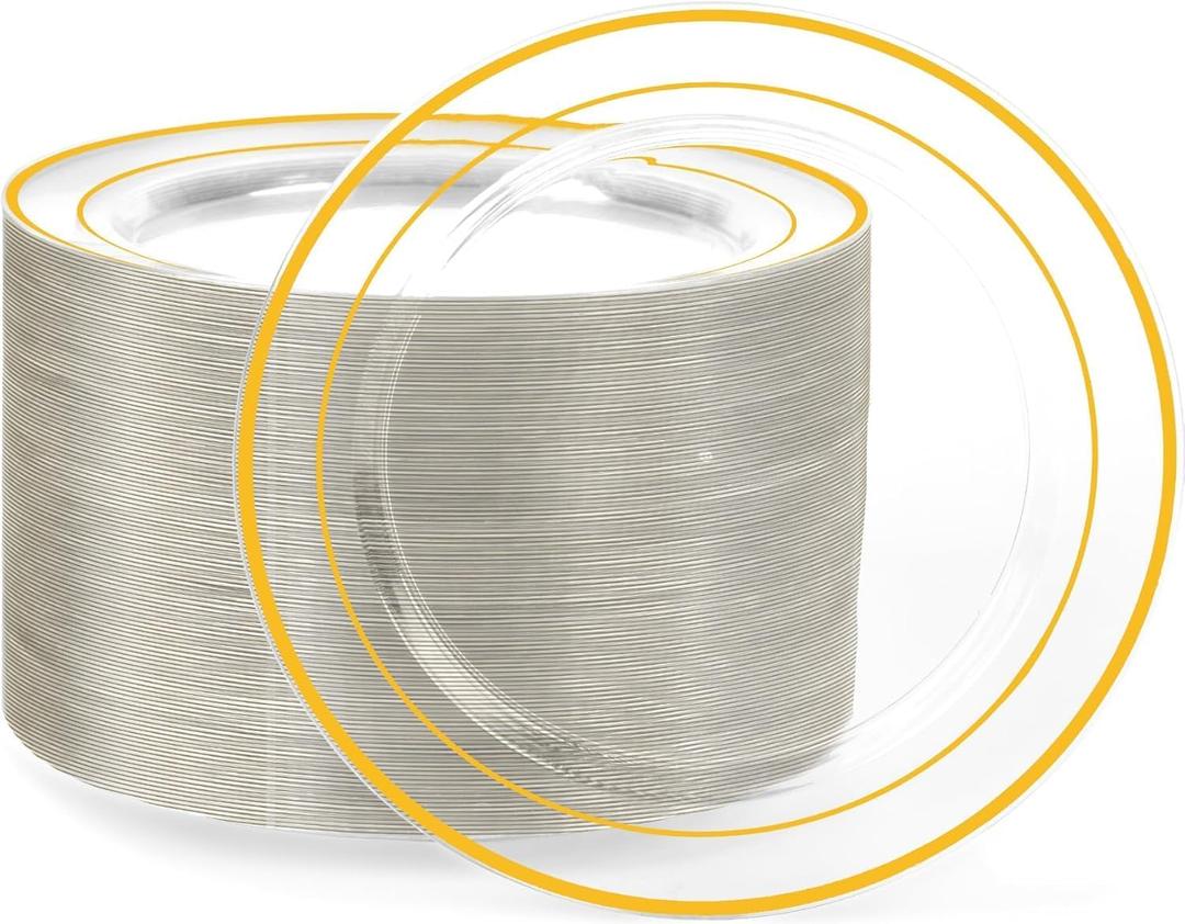 I00000 100Pcs Small Clear Gold Dessert Plates,Clear Disposable Plates with Gold Rim 7 Inch,Premium Hard Fancy Small Plate,Perfect for Birthday, Wedding & Party