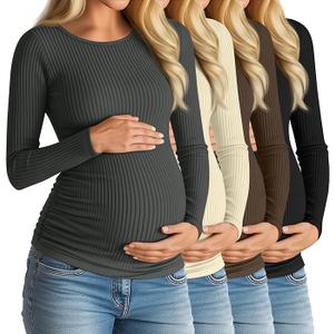 Huukeay 4 Pack Women's Maternity Shirts, Long Sleeve Cotton Ribbed Pregnancy Tops Side Ruched Crew Neck Casual Mama Clothes, M