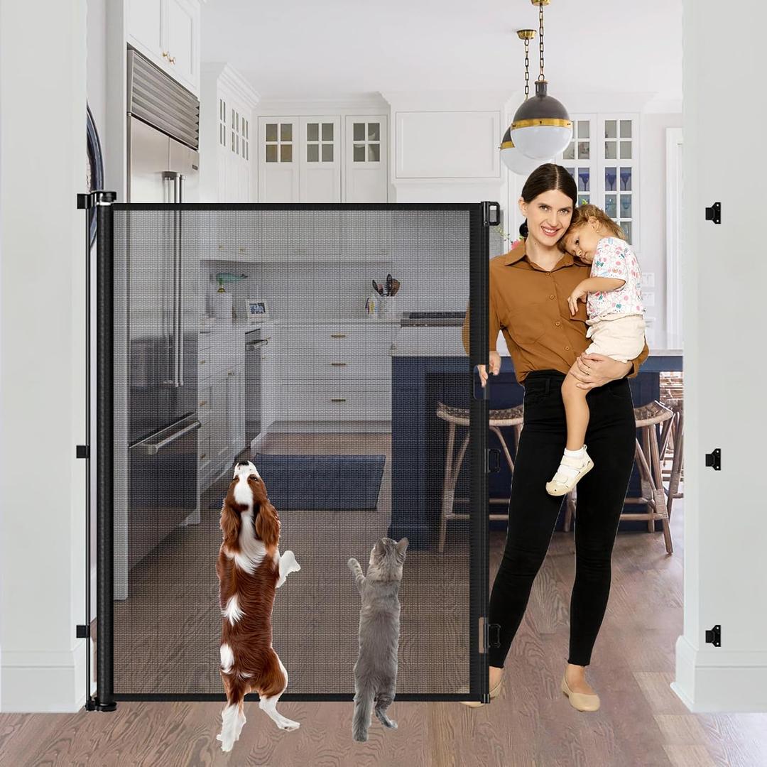 60 Inch Tall Retractable Baby Gates Tall Cat Gate for Stairs, 55" Wide Mesh Baby Gate Retractable Pet Gate for Cats, Outdoor Retractable Gate Indoor Tall Dog Gates for Doorways, No Jumping Over, Black ((60" Tall x 55" Wide), Black)