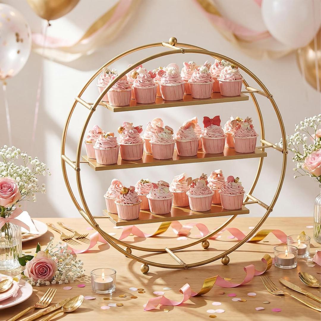 Qinyoung 1 Pcs 22 Inches Gold Metal Tiered Cupcake Stand 3 Tier Dessert Stand Cake Dessert Holder Display for Cupcake Table Display Wedding Birthday Party Decorations