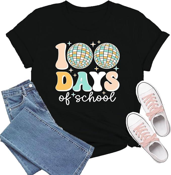TIEEI Women 100 Days of School Shirt 100th Day of School T-Shirts Teacher Life Tee Tops, XL