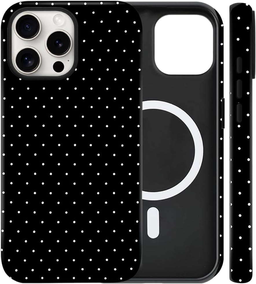 Magnetic for iPhone 15 Case Cute Polka Dot Phone Case, Shockproof Slim TPU and Hard PC Protective Phone Cover Compatible with MagSafe Designed for Women Girls, Black