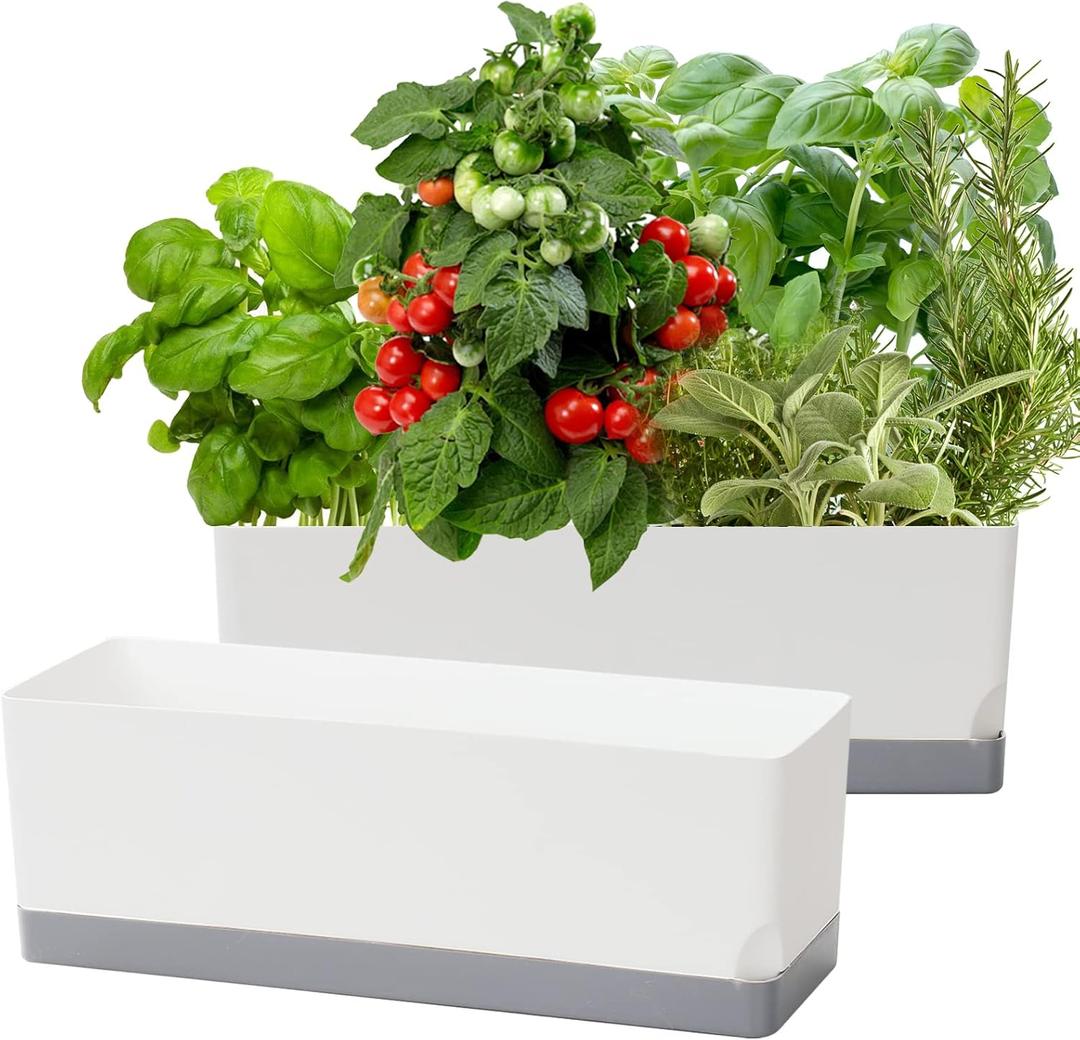 Self Watering Planters Pots for Indoor Plants, 2 Pack 17 Inch Plastic Planter Box Flower Pots for Indoor Outdoor Plants, Rectangle Herb Planter Window Boxes Planters with Drainage (Light Gray)