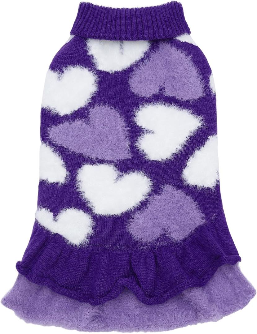 CuteBone Purple Heart Dog Sweater Dress for Dogs Girl, Soft and Stretchy Dog Sweater for  Large Dogs, Pullover Pet Winter Clothes Ruffle Dress Cat Apparel DS101L, Large