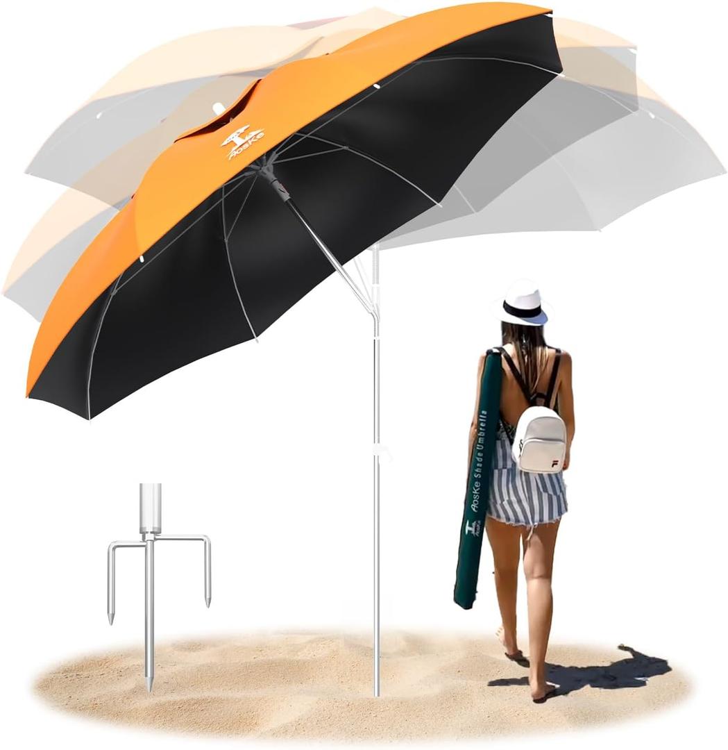Beach Umbrella 7FT Portable - Patio Umbrella with Sand Anchor Tilt Vent - UPF50+ UV Protection with Carry Bag - Windproof Sunshade Shelter for Patio Garden Beach Pool Backyard (Tangerine)
