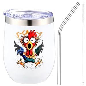 Patelai Caw-F 12 oz Tumbler Coffee Mug Gift Funny Stainless Steel Insulated Tumbler with Straw Lid and Brush Humor Chicken Sarcastic for Coworker Friend Sister Brother Chicken Lover(White)