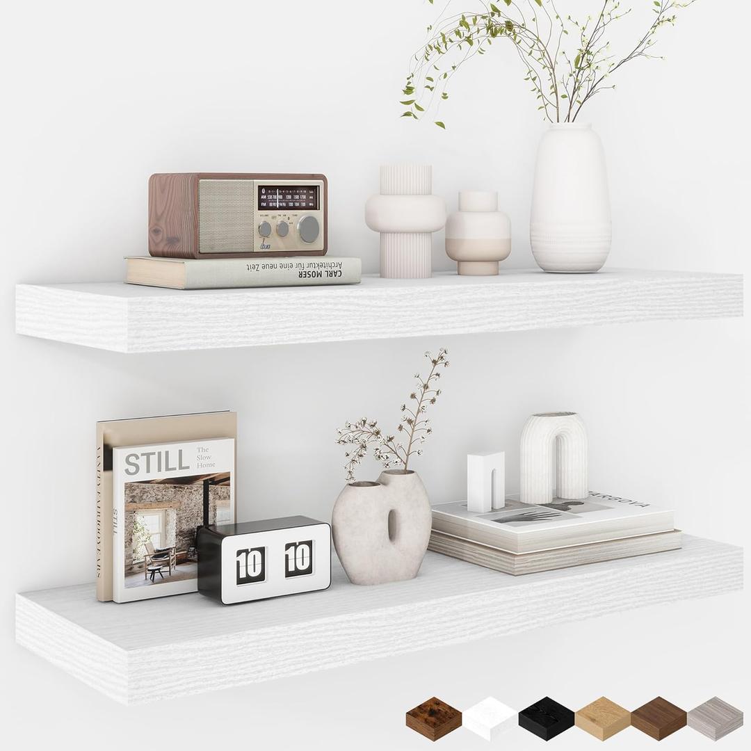 Fun Memories 24 Inch Floating Shelves - Deep Rustic White Wooden Wall Shelves - Extra Deeper & Thicker Wall Mounted Storage Shelf for Bedroom, Kitchen, Farmhouse - 2 Pack, Rustic White