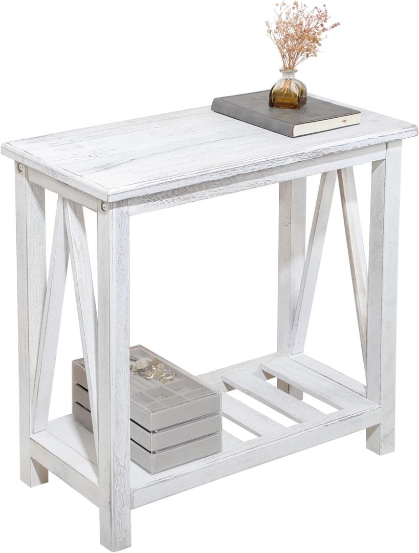 Farmhouse Narrow End Table Wooden Rustic White Side Tables with Storage Shelves Narrow Sofa Table for Small Spaces Living Room Bedroom Bathroom Dorm, 24 inches x 12 inches x 24 inches