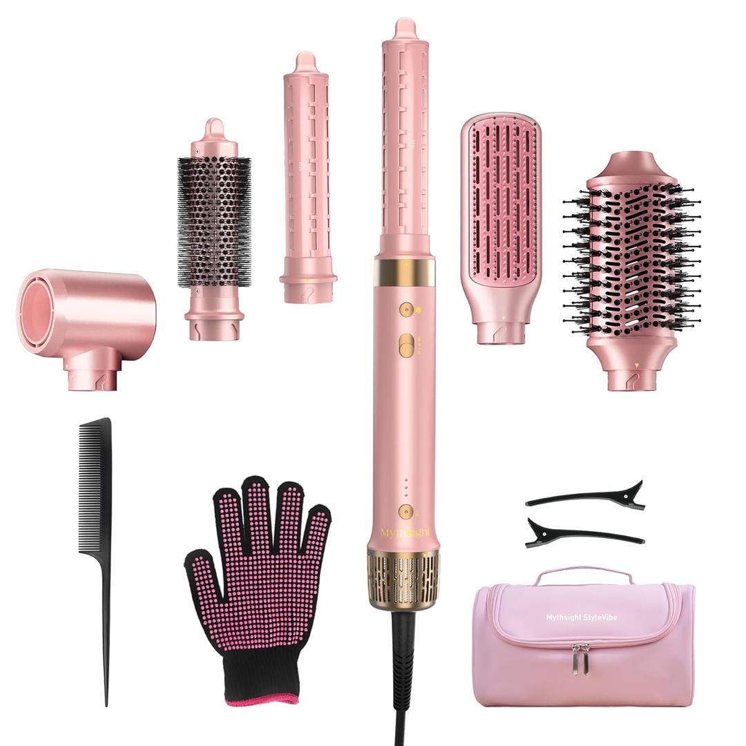 Mythsight StyleVibe 6-in-1 Air Styler, Hair Dryer & Blow Dryer Brush with Travel Case - Auto Wrap Curls (L/ R), Fast Drying, Thermal Round Brush for Smooth Blowouts & Frizz-Free Volume, No Heat Damage