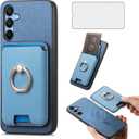 Asuwish Phone Case for Samsung Galaxy A15 5G/4G Wallet Cell Cover with Tempered Glass Screen Protector Slim Ring Stand Credit Card Holder Slot Shock Drop Proof A 15 G5 15A Women Girls Men Boys Blue