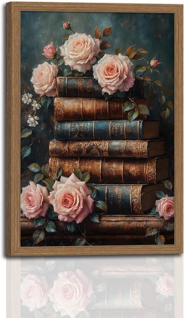 Vintage Framed Wall Art Roses and Books Canvas Prints, Dark Academia Wildflowers Oil Painting, Botanical Book Pictures Artwork for Living Room Bedroom Study Dark Wooden Frame 16x24in