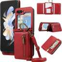 Compatible with Samsung Galaxy Z Flip 5 5G 2023 Wallet Case and Crossbody Shoulder Strap Ring Buckle Hinge Protection Stand Card Holder Phone Cover for ZFlip5 Z5 G Flip5 5Z Women Girls Men Red