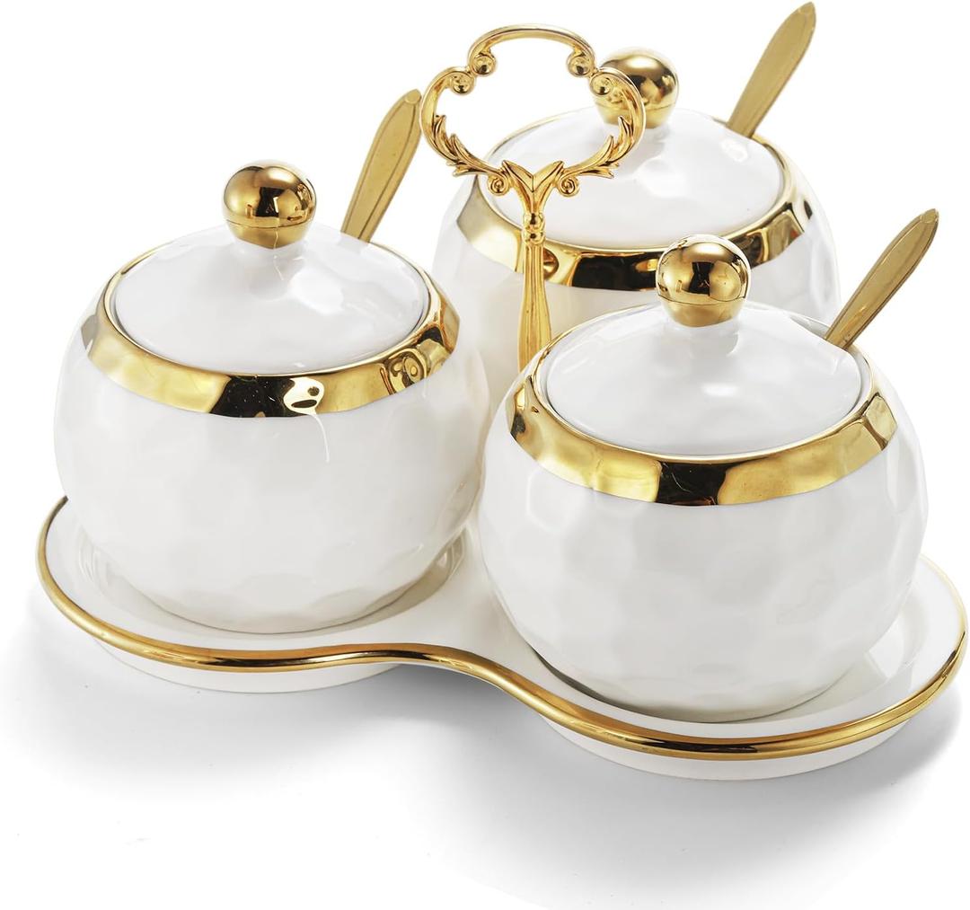 Foraineam Porcelain Condiment Pot Sugar Bowl Spice Jars with Lid, Spoon and Tray, Salt Container Spice Box Seasoning Pots, White Sugar Salt Bowls Set for Kitchen, Restaurant, Coffee Bar, Set of 3