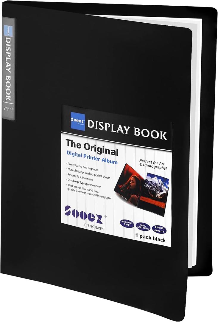 Sooez 30-Pocket Binder with Plastic Sleeves 9x12 (Black), Heavy Duty Art Portfolio Folder with Clear Sheet Protectors, Display 60 Pages, Presentation Book for Artwork, Document Organizer Binder