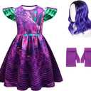 Letushy Girls Halloween Costume Dress with Wigs and Gloves, 3-10Y (7-8Y, Purple)