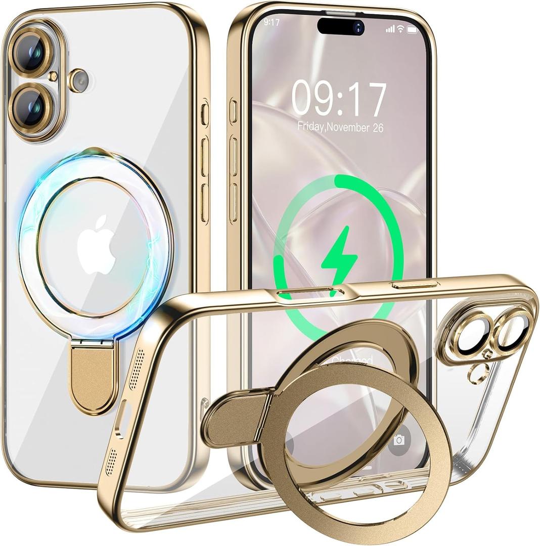 Magnetic for iPhone 17 Case with Invisible Stand[Compatible with MagSafe][Full Camera Lens Protector][Military Drop Protection] Shockproof Not Yellowing Clear Slim Soft for Women Men (Gold)