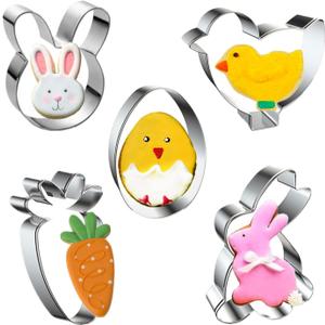 Easter Cookie Cutters, 5 Pieces Chick Carrot Egg Bunny Rabbite Shapes Metal Cookie Cutters Stainless Steel Sets Holiday Themed Baking Kit