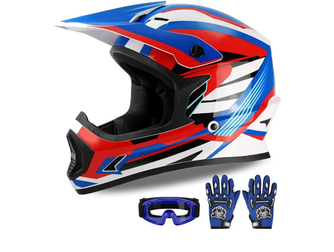 XFMT Kids Dirt Bike Helmet Youth Motorcycle Helmet DOT-Certified Full Face Helmets for Motocross ATV Off-Road Street Bike with Goggles & Gloves, Red White and Blue Large