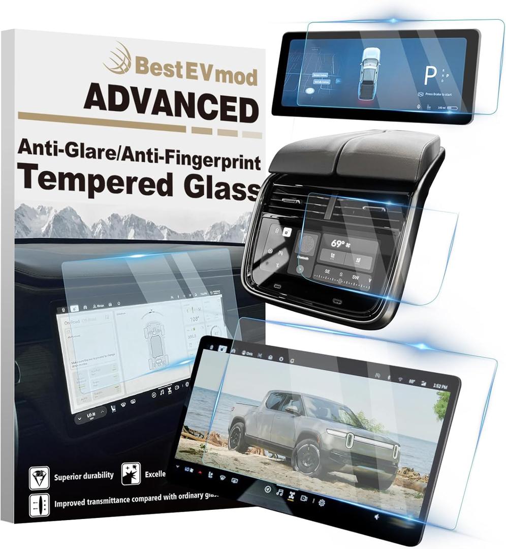 BestEvMod Matte Screen Protectors Tempered Glass Compatible with Rivian R1T & R1S 2022-2025 2026 Gen1 & Gen2 3PCS Anti-Glare 9H Tough Anti Fingerprint Protective Film Driver & Center & Rear Display Set