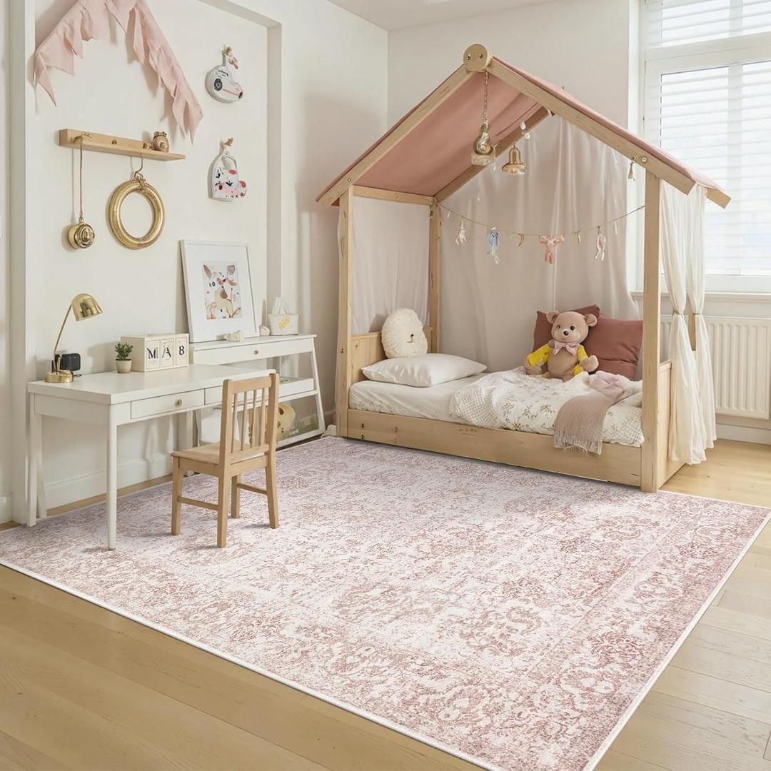 5x7 Washable Area Rug for Living Room&Bedroom, Light Pink Rugs for Girls | Non Slip, Durable Low Pile Carpet, Vintage Carpets for Office, Dining Room, Kids Room and Farmhouse