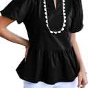 Cicy Bell Women Puff Sleeve Peplum Blouse Ruffle Vneck Summer Babydoll Tops (Black, L)