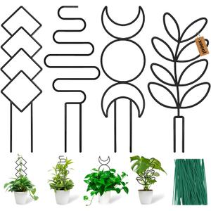 Plant Trellis for Climbing Plants Indoor, Small 14.6in Metal Trellis for Potted Plants, Mini Houseplant Hoya Pothos Trellis with Ties, Set of 4p Different Shap, Black