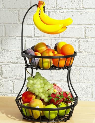 2-Tier Fruit Basket Bowl Stackable Vegetable Storage with Banana Tree Hanger Stand for Kitchen Countertop, Metal Wire Basket for Bread Onions Potatoes Black