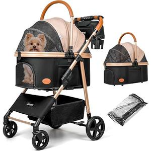 Dog Cat Stroller for Small/Medium Pets up to 50 lbs, 3-in-1 Foldable Pet Stroller with Detachable Carrier, Car Seat, Storage Basket, Cup Holder, Hanging Bag, Rain Cover, All-Terrain 4 Wheels (Black)