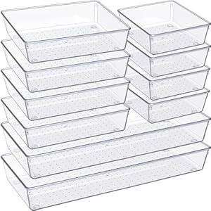 Criusia Drawer Organizer, 10 Pack Large Clear Plastic Set, 3 Size Versatile Bathroom and Vanity Organizer Trays, Storage Bins for Makeup, Bedroom, Kitchen Utensils