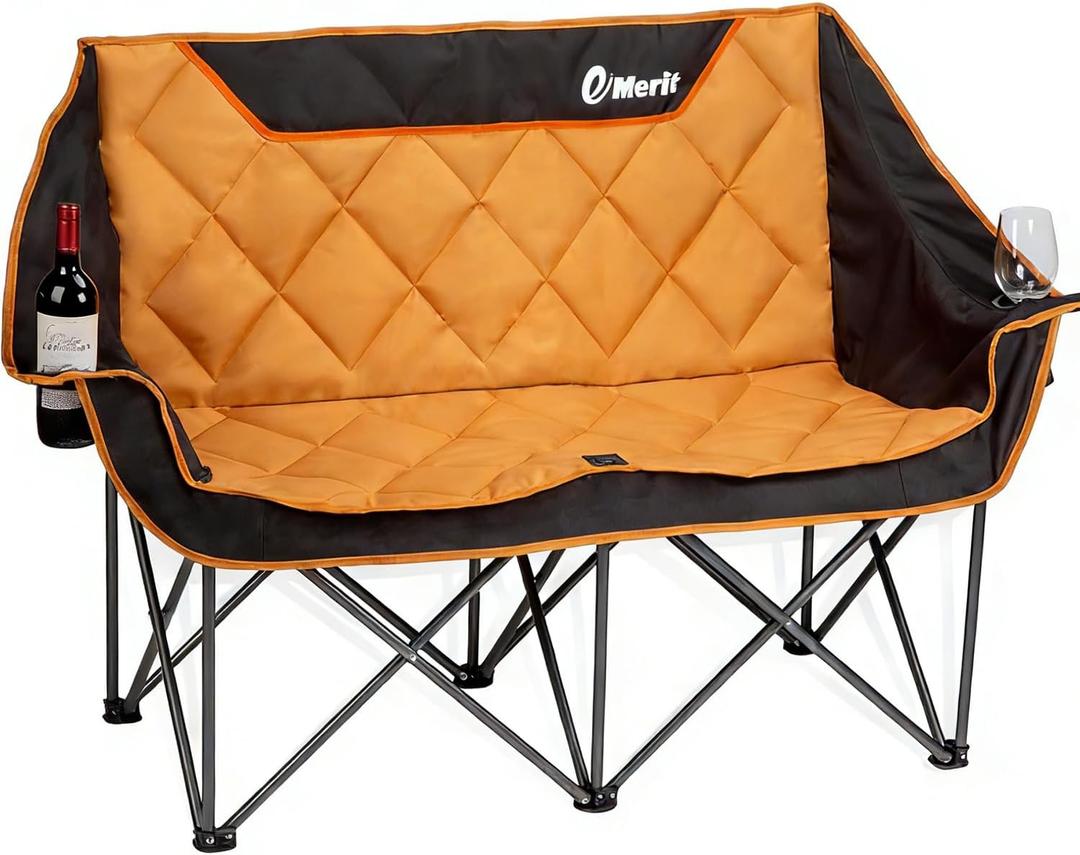 EMERIT Oversized Double Duo Camping Chair Folding Camping Loveseat 2 Person Camping Couch Heavy Duty Lawn Chairs for Outside with Padded Seats & Armrests-Support 650LBS, Orange, Full