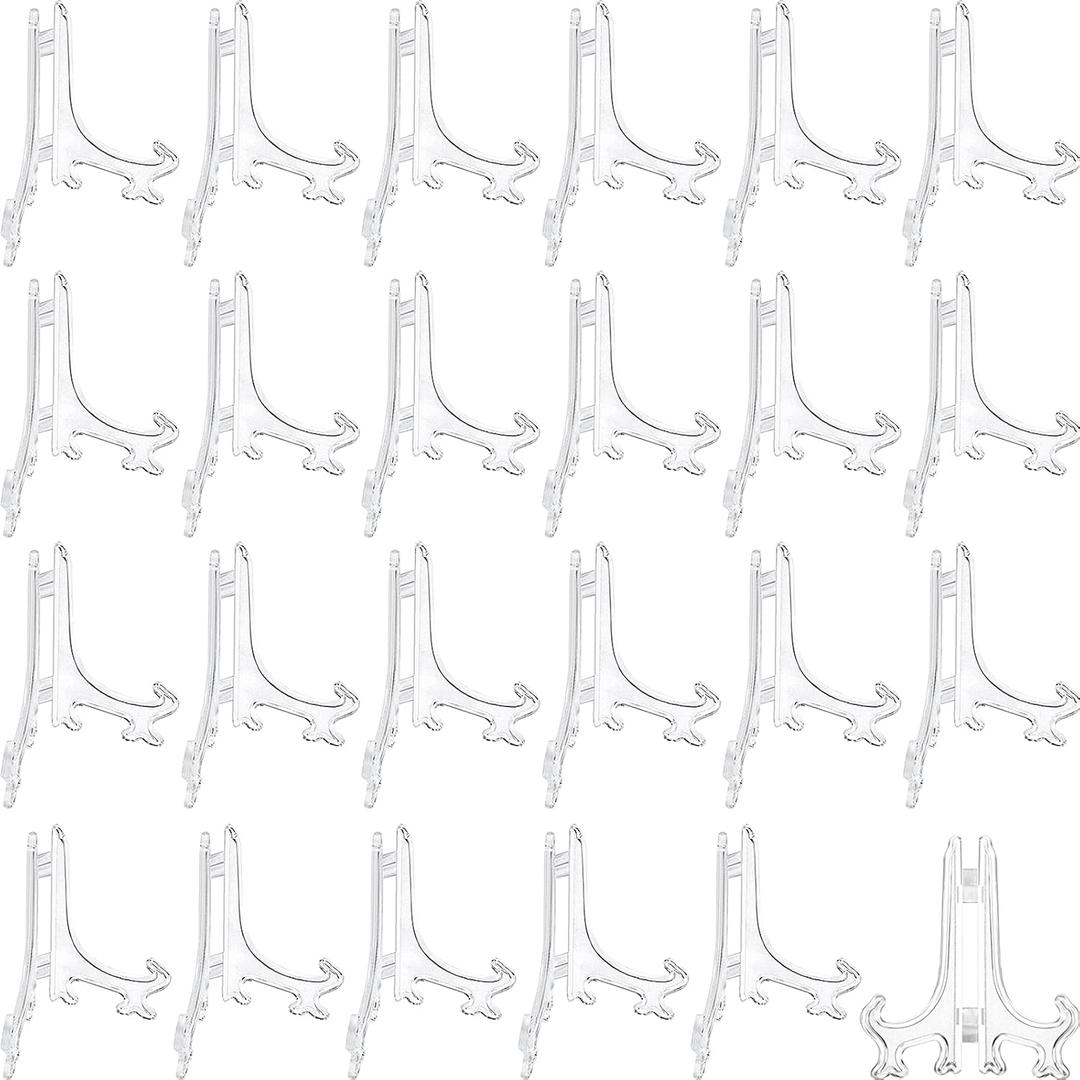 Boao 24 Pieces Plastic Easel Plate Display Stands Holders Picture Easel at Weddings, Home Decoration (Clear, 5 Inch)