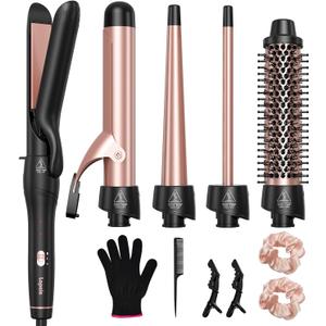 Lopeie 5 in 1 Curling Iron with Thermal Brush and 4 Interchangeable Ceramic Barrels(1/2 to 1 1/2 inch), Curling Wand Set with Flat Iron, Fast Heating, Dual Voltage Hair Curler, Gifts for Women (Rose Gold)