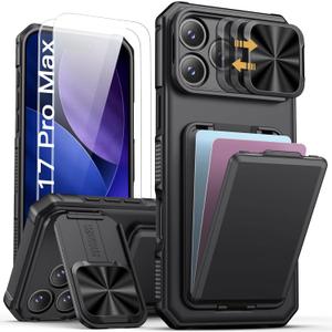 SSLOTSCASE for iPhone 17 Pro Max Case with 2X Screen Protector, Credit Card Holder & Kickstand & Slide Camera Lens Cover, Silicone Edge Rugged Heavy Duty Phone Case Cover for iPhone 17 Pro Max, Black