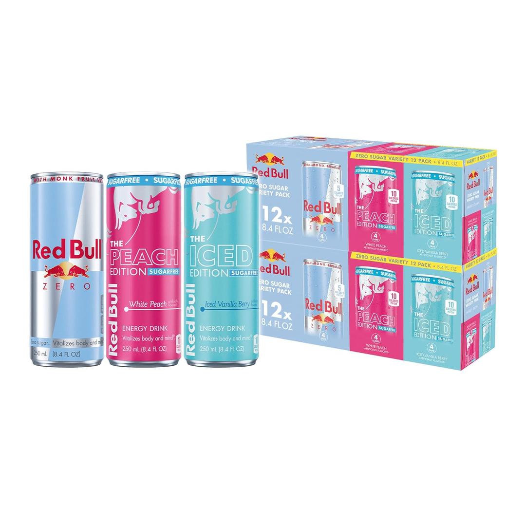 Red Bull Sugarfree Energy Drink, Variety Pack | Zero, Peach, Iced Vanilla Berry, contains caffeine, taurine, B-vitamins, sweeteners, and water, 8.4 fl oz, pack of 24 cans (EXP 12/10/26)