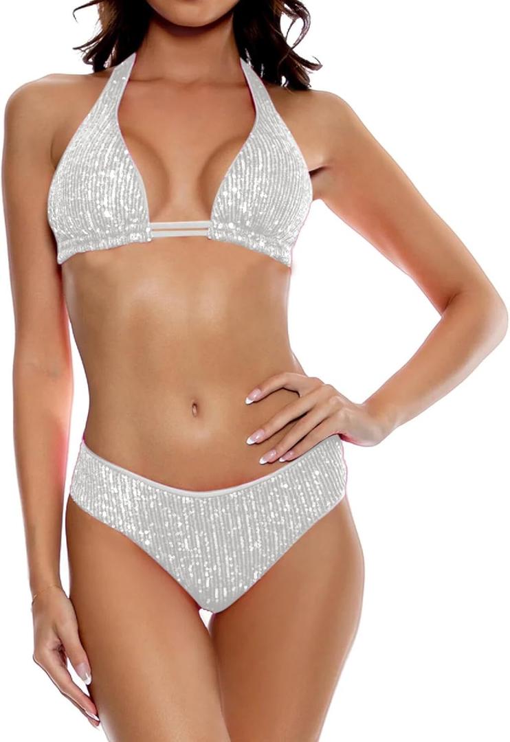 Women Sexy Sequin Bikini Set Glitter Bathing Suit Sexy Push Up Swimsuit Beachwear (Small, White)