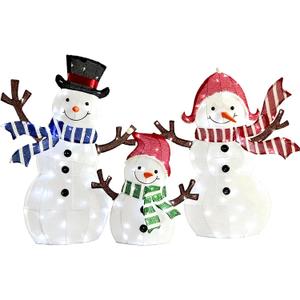 LED Snowman Family Christmas Outdoor Decoration, White Lighted Holiday Yard Display, Weather Resistant, 3-Piece Set with Scarves