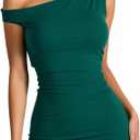 Womens Off Shoulder Ruched Stretch Bodycon Dresses Slant Shoulder Cocktail Party Solid Mini Sexy Dresses, Size S