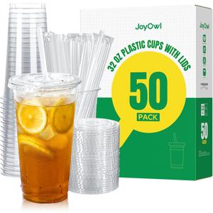 32 OZ Clear Plastic Cups with Lids and Straws 50 Pack, Disposable To Go Cups with Lids for Iced Coffee, Smoothie and Cold Drinks