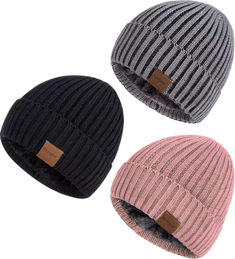 Nertpow Mens Beanie Hats 3 Pack, Winter Hats for Men Women Warm Thermal Fleece Lined, Thick Knit Fashion Skull Cap Cuffed Beanie for Guys (Color-06)