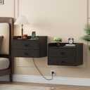 Floating Nightstand Set of 2 with 2 Storage Drawers and Charging Station Wood Wall Mounted Bedside End Table Modern Night Stands Set 2 for Bedroom,Small Space,Black, 15.8 inches x 11.5 inches x 11.5 inches