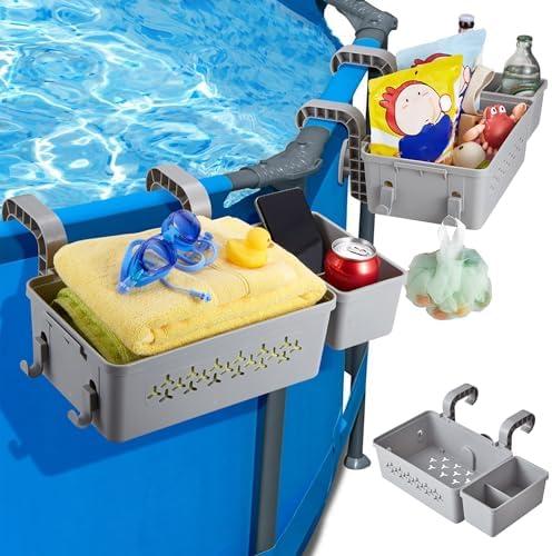 2 Pack Poolside Storage Basket, Above Ground Hanging Pool Storage Basket with Cup Holders Hooks for Towels, Pool Accessories for Most Above Ground Pool, Grey